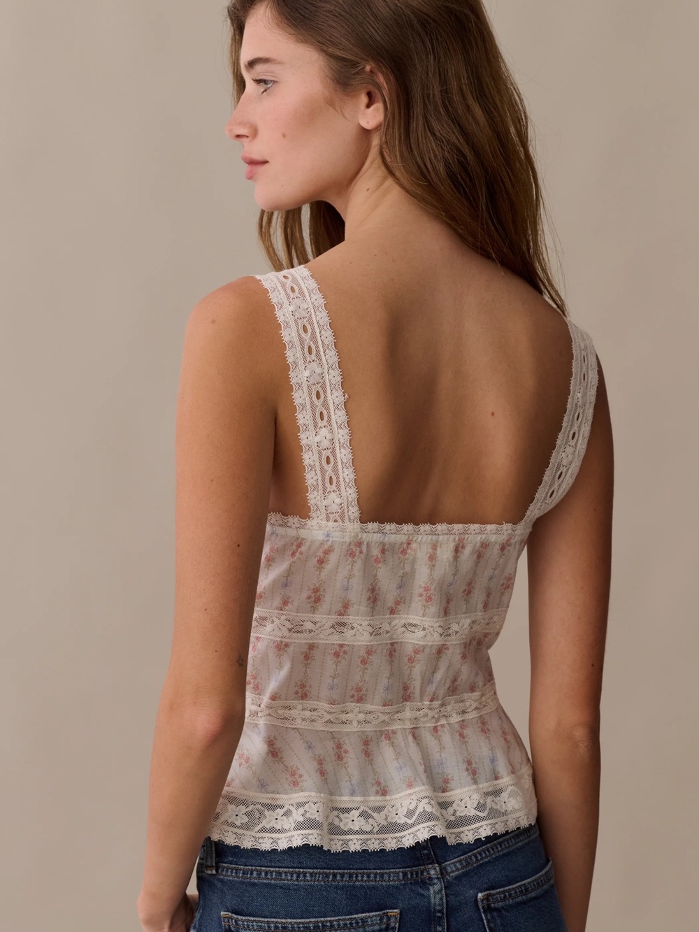 Sorella Few Moda Lysette Cotton Top Floral Lace Straps Trim Pink Ivory NWT - Picture 5 of 7